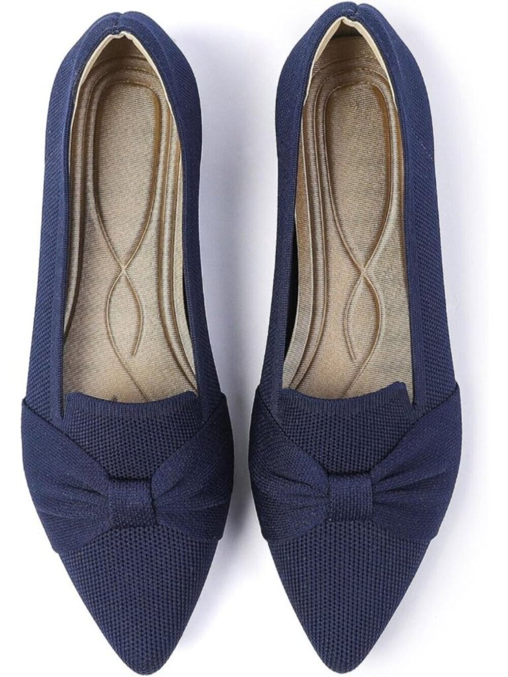 Women's Blue Pointed Toe Ballet Flats Comfortable Knit Dressy Bow Flats Shoes